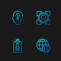 Set line Globe and people, Identification badge, Head with question mark and hunting. Gradient color icons. Vector Royalty Free Stock Photo