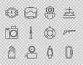 Set line Gloves, Carabiner, Aqualung, Gauge scale, Wind rose, Army knife, and Fishing harpoon icon. Vector