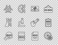 Set line GMO, Genetically modified orange, engineering modification, Biohazard symbol, Microscope, and icon. Vector Royalty Free Stock Photo