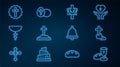 Set line Goblet and bread, Christian cross, Grave with, on chain, Church bell and Easter egg icon. Vector Royalty Free Stock Photo
