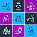 Set line Goblet and bread, Christian fish and Monk icon. Vector
