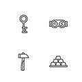 Set line Gold bars, Hammer, Old key and Welding glasses icon. Vector Royalty Free Stock Photo