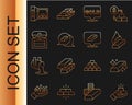 Set line Gold bars, Molten gold being poured, Antique treasure chest, Safe with and icon. Vector