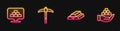 Set line Gold bars, Pickaxe and in hand. Glowing neon icon. Vector