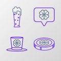 Set line Gold coin with four leaf clover, Leprechaun hat and, Four speech bubble and Glass of beer icon. Vector