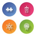 Set line Golden gate bridge, Paper glass with straw, Hexagram sheriff and Medal star. Color circle button. Vector