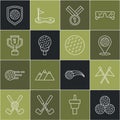 Set line Golf ball, flag, Location golf sport club, Medal, tee, Award cup with, shield and icon. Vector