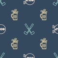 Set line Golf sport club, bag with clubs and Crossed golf on seamless pattern. Vector Royalty Free Stock Photo