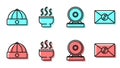 Set line Gong, Chinese hat, Chinese tea ceremony and Yin Yang and envelope icon. Vector