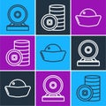 Set line Gong, Sushi and Chinese Yuan currency icon. Vector
