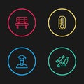 Set line Graduate and graduation cap, Candy, Thermometer and Bench icon. Vector