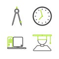 Set line Graduate and graduation cap, Computer monitor with keyboard mouse, Clock and Drawing compass icon. Vector