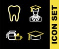 Set line Graduate with graduation cap, Graduation, Coffee pot cup and Tooth icon. Vector