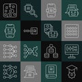 Set line Graduation cap, Algorithm, Binary code, Artificial intelligence AI, Chat bot, Neural network and robot icon Royalty Free Stock Photo