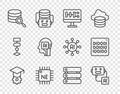 Set line Graduation cap, Artificial intelligence robot, Algorithm, Processor CPU, Server, Humanoid, Data and Binary code Royalty Free Stock Photo