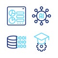 Set line Graduation cap, Binary code, Neural network and Computer api interface icon. Vector Royalty Free Stock Photo