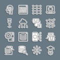 Set line Graduation cap, Chat bot, Neural network, Network cloud connection, Algorithm, Humanoid robot and Artificial Royalty Free Stock Photo