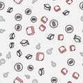 Set line Graduation cap, Exam paper with incorrect answers, Unknown search and File document on seamless pattern. Vector