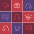 Set line Graduation cap on globe, Headphones and Certificate template icon. Vector