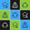 Set line Graduation cap on globe, Headphones and Student icon. Vector