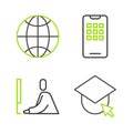 Set line Graduation cap on globe, Student working laptop, Mobile phone and Social network icon. Vector Royalty Free Stock Photo