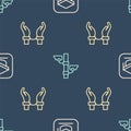 Set line Graduation cap, Handcuffs hands of criminal and Security camera on seamless pattern. Vector
