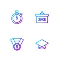 Set line Graduation cap, Medal, Stopwatch and Chalkboard. Gradient color icons. Vector