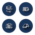 Set line Graduation cap with mouse, Online quiz, test, survey, and book with long shadow. Blue circle button. Vector Royalty Free Stock Photo