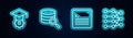 Set line Graduation cap, Server, Web developer programming code and Neural network. Glowing neon icon. Vector Royalty Free Stock Photo