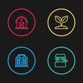 Set line Granary, Well, Plant and Farm house icon. Vector