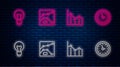 Set line Graph, chart, diagram, Pie infographic, Light bulb and Clock. Glowing neon icon on brick wall. Vector Royalty Free Stock Photo