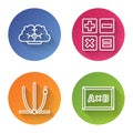 Set line Graph, schedule, chart, diagram, Feather and inkwell, Ringing bell and Calculation. Color circle button. Vector
