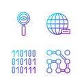 Set line Graphic password protection, Binary code, Magnifying glass Search and Social network. Gradient color icons
