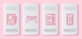 Set line Graphic tablet, Gamepad, Motherboard and Smartphone, mobile phone. White rectangle button. Vector