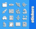 Set line Graphic tablet, Router and wi-fi signal, Robotic robot arm hand factory, Satellite, Server, Data, Web Hosting Royalty Free Stock Photo