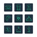 Set line Grave with cross, Church tower, tombstone, star of david, Tear cry eye, Coffin and building icon. Vector