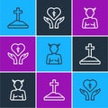 Set line Grave with cross, Krampus, heck and Religious in heart icon. Vector
