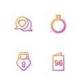 Set line Greeting card, Castle the shape of heart, Heart speech bubble and Diamond engagement ring. Gradient color icons