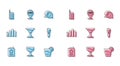 Set line Greeting card, Cocktail, Firework rocket, Microphone, Music equalizer and Location Vip icon. Vector Royalty Free Stock Photo