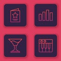 Set line Greeting card, Cocktail, Music equalizer and synthesizer. Blue square button. Vector Royalty Free Stock Photo