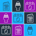 Set line Greeting card with Happy Easter, Calendar with Easter egg and Easter egg on a stand icon. Vector Royalty Free Stock Photo