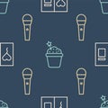 Set line Greeting card, Karaoke microphone and Cake on seamless pattern. Vector Royalty Free Stock Photo