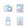 Set line Greeting card, Mulled wine, Photo camera and Plastic bag of drug. Gradient color icons. Vector Royalty Free Stock Photo