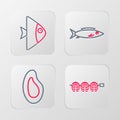 Set line Grilled fish steak, Mussel, Fish and icon. Vector