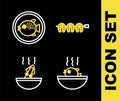 Set line Grilled fish steak, Puffer soup, Soup with octopus and on plate icon. Vector