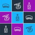 Set line Grilled pork bbq ribs, Tabasco sauce and Steak meat and knife icon. Vector