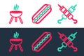 Set line Grilled shish kebab, Barbecue grill and Hotdog sandwich icon. Vector