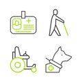 Set line Guide dog, Electric wheelchair, Blind human holding stick and Identification badge icon. Vector