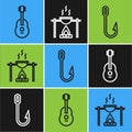 Set line Guitar, Fishing hook and Campfire and pot icon. Vector