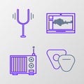 Set line Guitar pick, Radio with antenna, Sound or audio recorder on laptop and Musical tuning fork icon. Vector Royalty Free Stock Photo